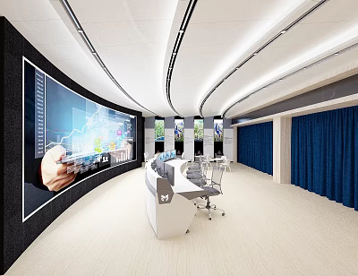 Modern Monitoring Room Interior with Large Curved Screen Control Desk Office Chairs and Ceiling Lighting 3d model