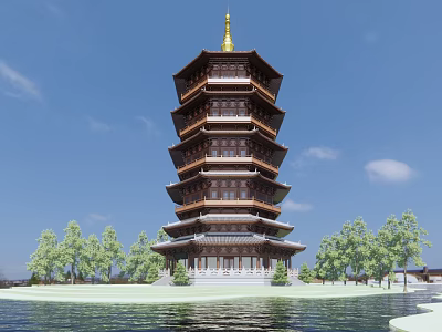 Ancient Traditional Pagoda Architecture with Multi Layer Wooden Structure Golden Spire and Lakeside Trees 3d model
