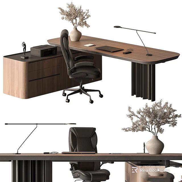 Minimalist Wooden Desk And Chair Set With Black Office Chair And Table Lamp 3d model 