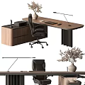 Minimalist Wooden Desk And Chair Set With Black Office Chair And Table Lamp