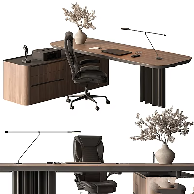 Minimalist Wooden Desk And Chair Set With Black Office Chair And Table Lamp 3d model