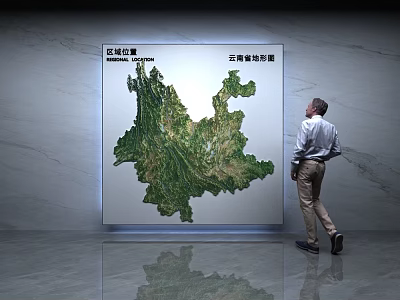 Man Observing Detailed Topographic Yunnan Province Regional Map In Modern Interior 3d model