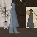 Modern Metal Human Sculptures In Interior With Plant And Decorative Painting