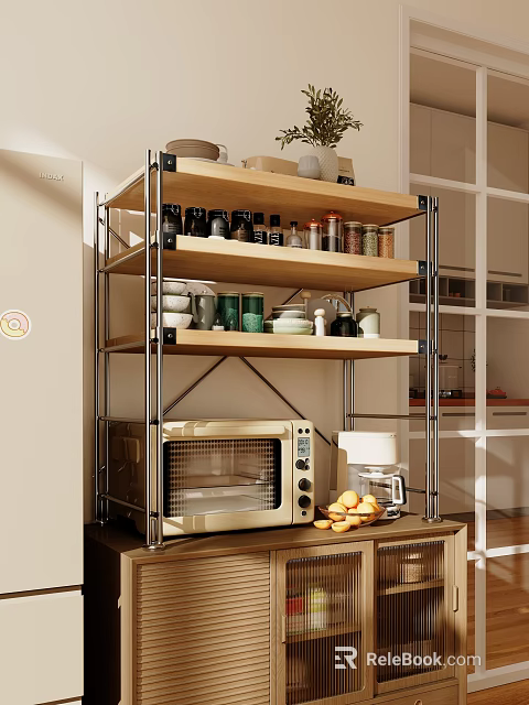 Sturdy Metal and Wood Kitchen Shelf With Jars Dishes Microwave Coffee Maker and Fruits 3d model 