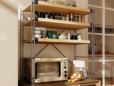 Sturdy Metal and Wood Kitchen Shelf With Jars Dishes Microwave Coffee Maker and Fruits 3d model