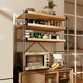 Sturdy Metal and Wood Kitchen Shelf With Jars Dishes Microwave Coffee Maker and Fruits