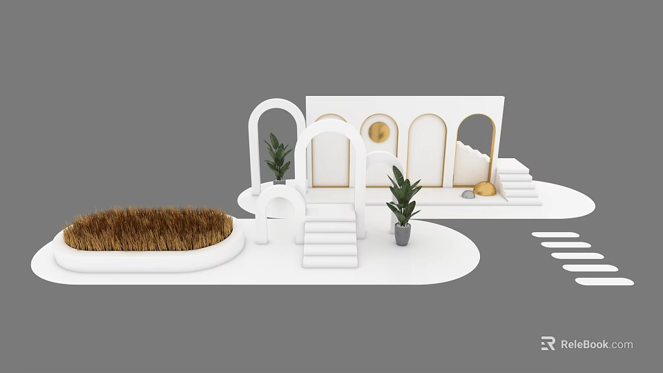 Modern White Art Installation With Arched Structures Steps Potted Plants And Circular Decor 3d model