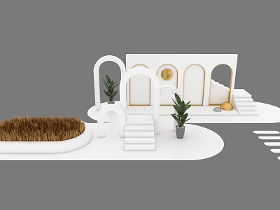 Modern White Art Installation With Arched Structures Steps Potted Plants And Circular Decor 3d model