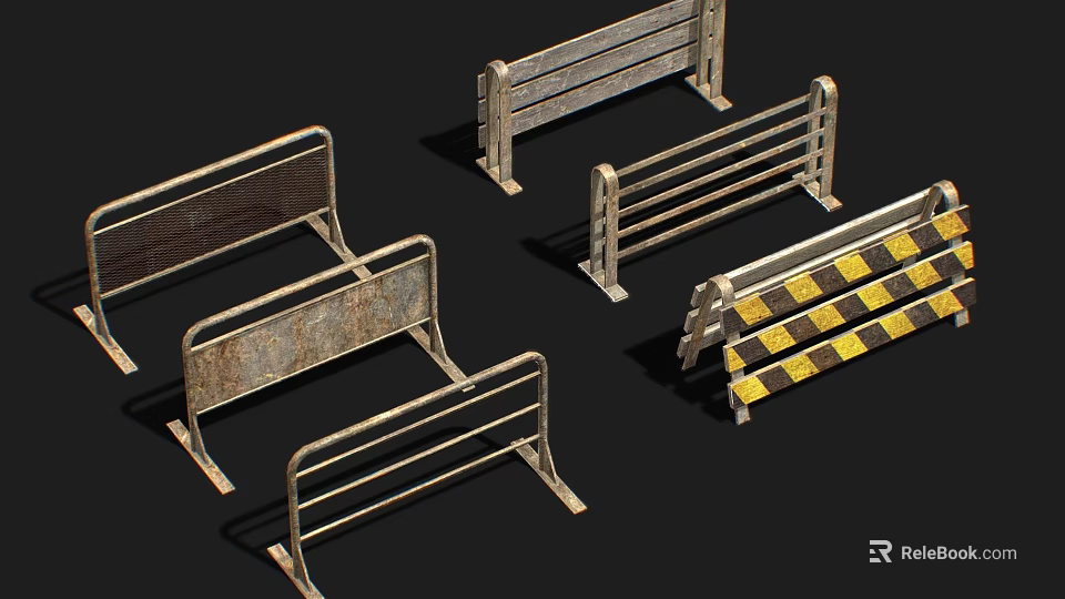 Metal Safety Barriers With Various Designs And Yellow Black Warning Stripes 3d model 