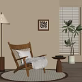 Cozy Beige Living Room With Wicker Armchair Floor Lamp Green Plant And Window Blinds