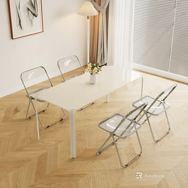 Modern Dining Table Set With White Table And Transparent Chairs On Wooden Floor With Flower Vase 3d model 