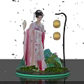 Ancient Style Figure In Pink Traditional Costume With Lanterns Falling Petals And Green Plants