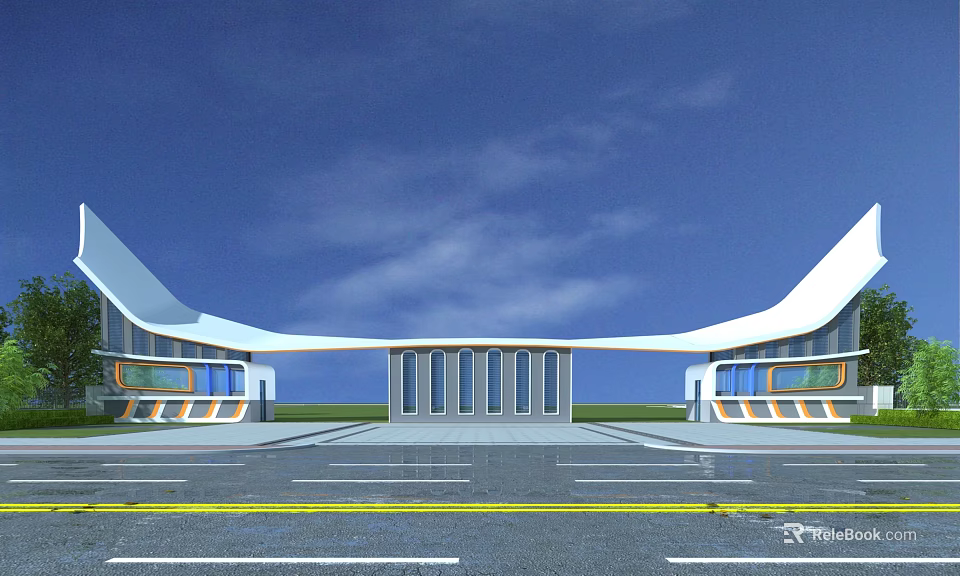 Symmetrical Modern Entrance Gate With Curved Roof Glass Walls And Parking Area 3d model 