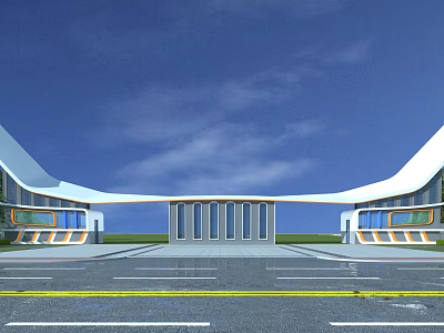 Symmetrical Modern Entrance Gate With Curved Roof Glass Walls And Parking Area 3d model