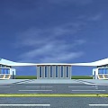 Symmetrical Modern Entrance Gate With Curved Roof Glass Walls And Parking Area