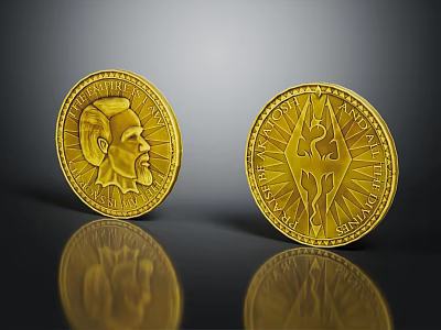 Decorative Gold Coins With Shiny Surface Featuring Portrait And Emblem Design And Reflective Base 3d model