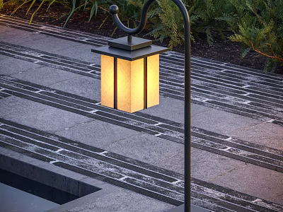 Outdoor Path Light with Square Design Warm Yellow Shade and Black Metal Pole in Garden 3d model