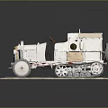 Vintage White Tracked Vehicle Model With Wooden Details And Display Base On Gray Background