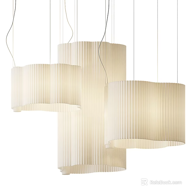 Modern Pendant Lights with Pleated Cylindrical Shades Soft White Fabric Hanging Design for Contemporary Interior 3d model 
