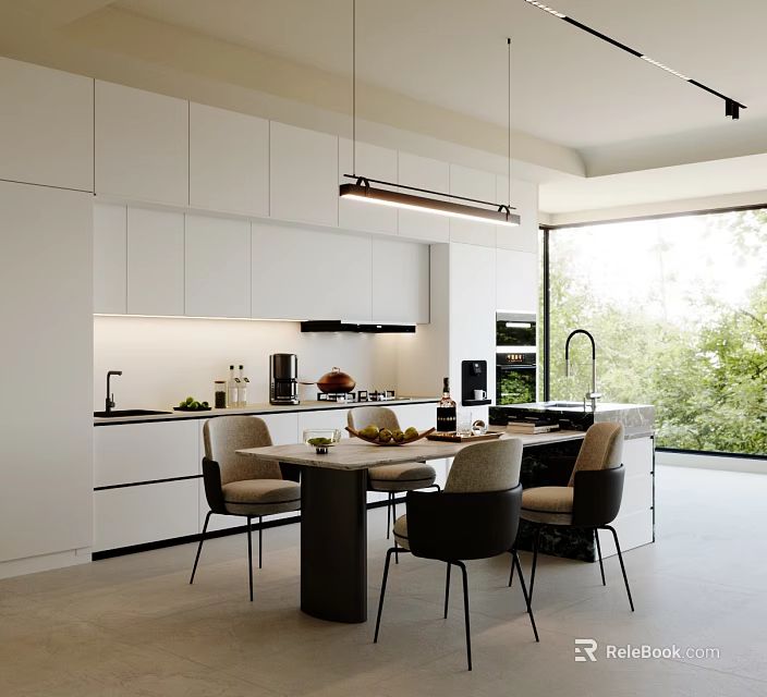 Modern Restaurant Open Kitchen Interior With White Cabinets Island Counter And Dining Chairs 3d model 