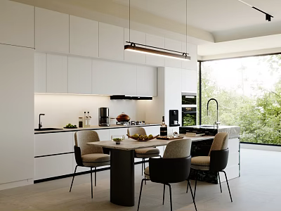 Modern Restaurant Open Kitchen Interior With White Cabinets Island Counter And Dining Chairs 3d model
