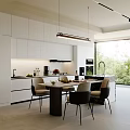 Modern Restaurant Open Kitchen Interior With White Cabinets Island Counter And Dining Chairs
