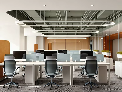 Modern Public Office Interior With Workstations Office Chairs Computer Monitors And Hanging Lights 3d model