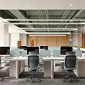 Modern Public Office Interior With Workstations Office Chairs Computer Monitors And Hanging Lights