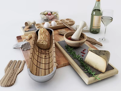 Fresh Bread and Artisanal Cheese on Slate Tray with Wooden Utensils Olives and Wine Glass 3d model