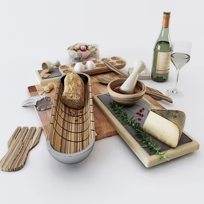 Fresh Bread and Artisanal Cheese on Slate Tray with Wooden Utensils Olives and Wine Glass 3d model