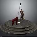 Warrior Figure With Spear Standing By Red Creature On Circular Tiered Platform 3d model