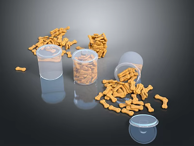 Bone Shaped Dog Treats in Clear Jars with Scattered Pieces on Dark Background 3d model
