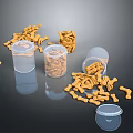Bone Shaped Dog Treats in Clear Jars with Scattered Pieces on Dark Background