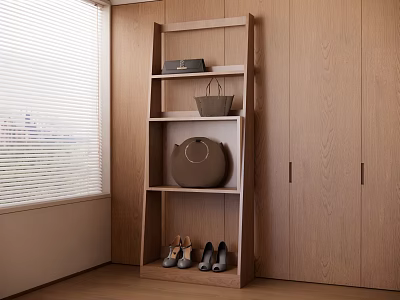 Wooden Storage Shelf In Modern Room With Window Blinds Holding Shoes Bag Basket And Box 3d model