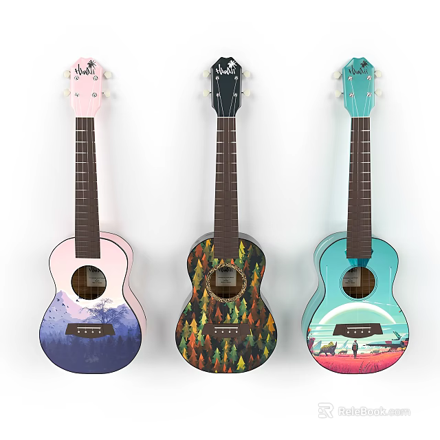 Colorful Hand Painted Ukuleles With Artistic Landscape Patterns And Musical Designs 3d model 