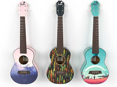 Colorful Hand Painted Ukuleles With Artistic Landscape Patterns And Musical Designs 3d model
