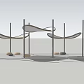 Modern Outdoor Structure With Curved White Canopies Black Poles And Ground Stones
