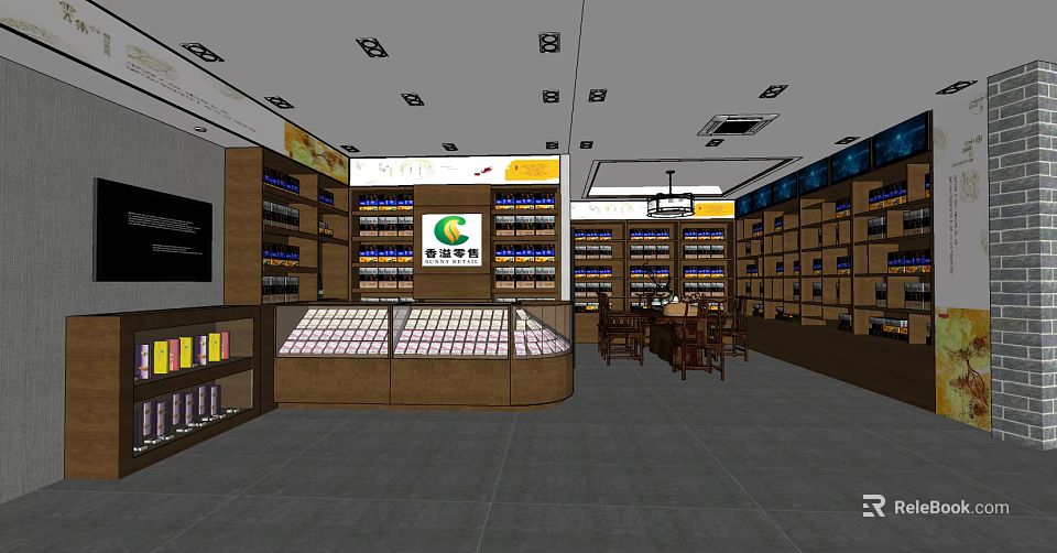Tobacco Liquor Store Interior With Shelves Display Counters And Tables Chairs 3d model 