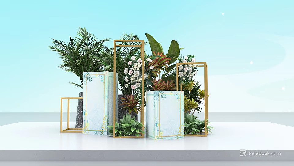 Indoor Green Plant Display With Golden Frames And Decorative Boxes 3d model