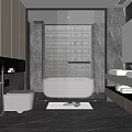 Modern Bathroom Interior With Gray Cabinetry White Bathtub Double Sinks And Large Mirror Blinds