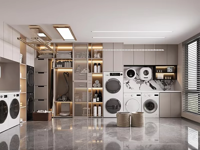 Modern Laundry Room Design With Multiple Washing Machines And Storage Cabinets 3d model