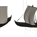 Two Ancient Sailing Ships with White Sails Black Hulls on White Background