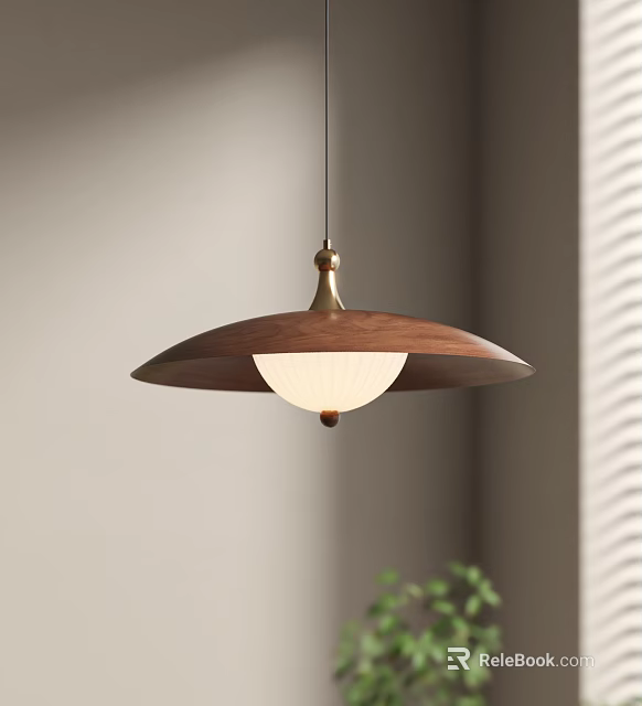 Elegant Modern Wooden Pendant Light with Brass Accent and White Glass Shade 3d model 