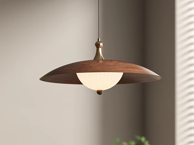 Elegant Modern Wooden Pendant Light with Brass Accent and White Glass Shade 3d model