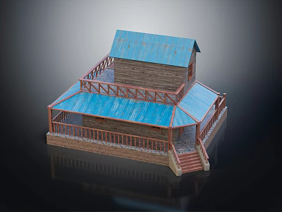 Two Story Wooden Pavilion With Blue Roof Red Railings And Staircase 3d model