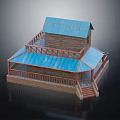 Two Story Wooden Pavilion With Blue Roof Red Railings And Staircase