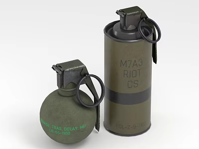 Green Military Grenades Featuring M51 Frag Delay And M7A3 Riot CS Models 3d model