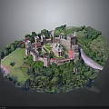 Modern Castle Model Display With Green Trees Grass Circular Layout Towers Main Building Walls