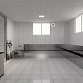 Modern Bright Public Restroom With Multiple Cubicles Stainless Steel Sinks And Tiled Walls