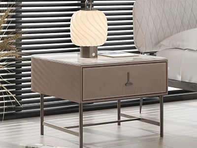 Modern Leather Nightstand With Drawer Metal Legs And Table Lamp In Bedroom 3d model
